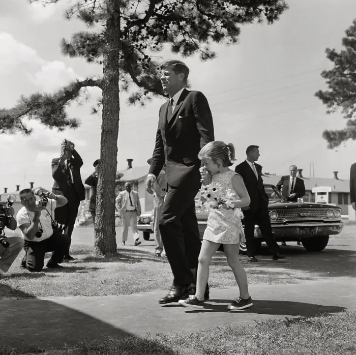 Framed Print : John F. Kennedy and Young Daughter Caroline Walking by Reporters Framed Print : John F. Kennedy and Young Daughter Caroline Walking by Reporters