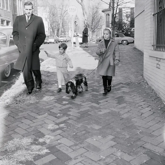Framed Print : John Fitzgerald Kennedy Jr. and Cousin Walking a Dog Framed Print : John Fitzgerald Kennedy Jr. and Cousin Walking a Dog