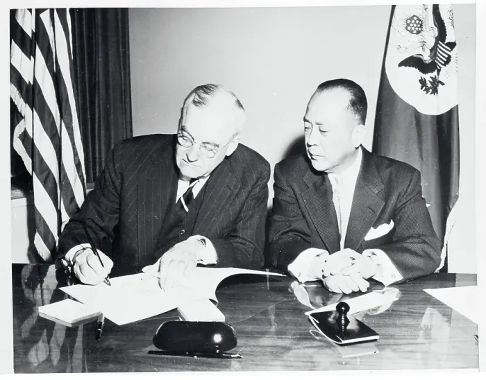 Framed Print : John Foster Dulles and You Chan Yang Signing Treaty