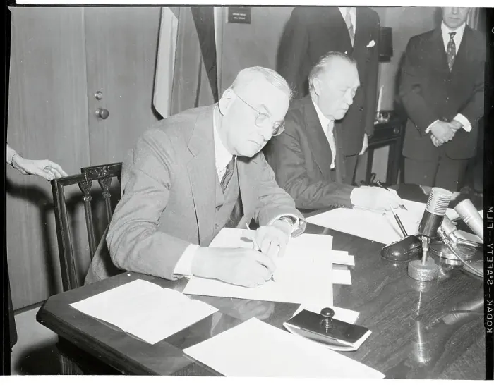 Framed Print : John Foster Dulles Signing a Treaty Framed Print : John Foster Dulles Signing a Treaty