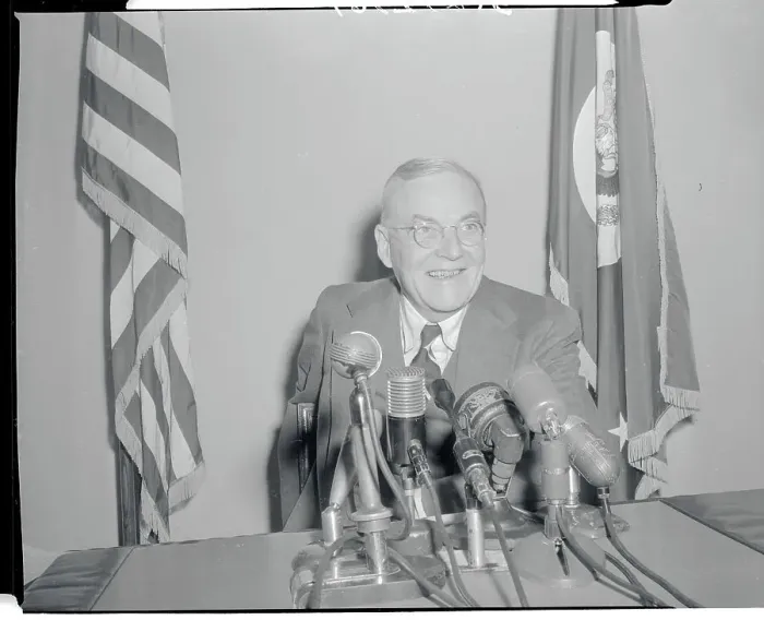Framed Print : John Foster Dulles Speaking at Microphones