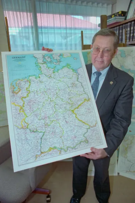 Framed Print : John Garver Jr. Holding Map of Unified Germany Framed Print : John Garver Jr. Holding Map of Unified Germany