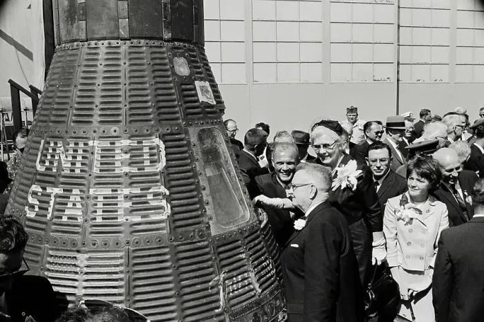 Framed Print : John Glenn Displaying Space Craft Framed Print : John Glenn Displaying Space Craft