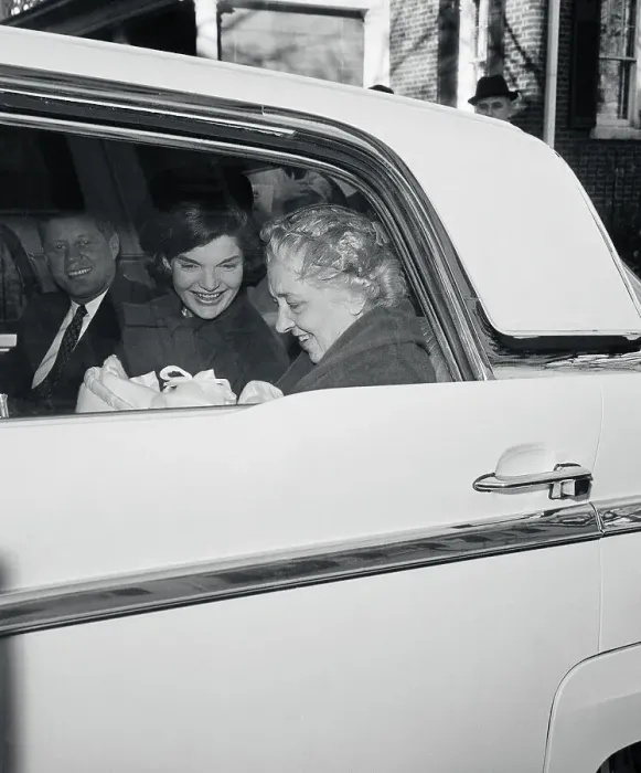 Framed Print : John and Jacqueline Kennedy in Car with Baby Nurse Framed Print : John and Jacqueline Kennedy in Car with Baby Nurse