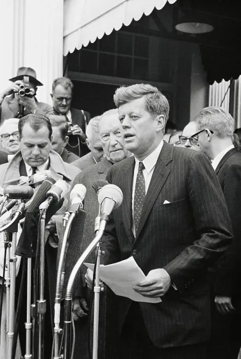 Framed Print : John Kennedy Talking to Press Framed Print : John Kennedy Talking to Press