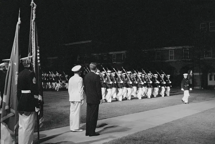 Framed Print : John Kennedy Watching Marine Review Parade Framed Print : John Kennedy Watching Marine Review Parade