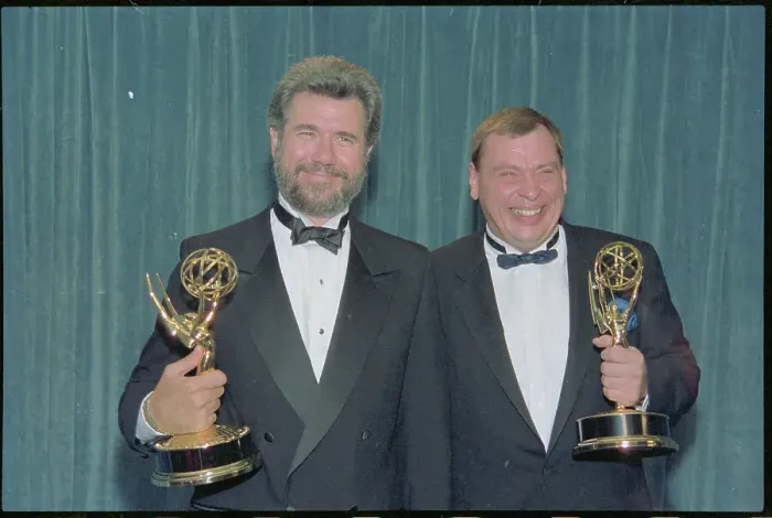 Framed Print : John Larroquette and Larry Drake Holding Awards Framed Print : John Larroquette and Larry Drake Holding Awards
