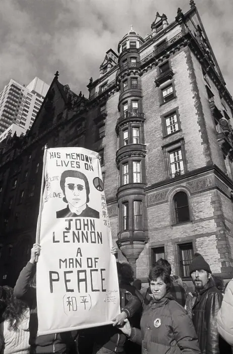 Framed Print : John Lennon Fans in Front of the Dakota Building Framed Print : John Lennon Fans in Front of the Dakota Building
