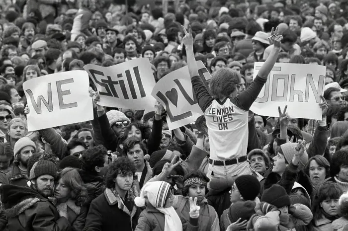 Framed Print : John Lennon Fans at Vigil for Slain Beatle Framed Print : John Lennon Fans at Vigil for Slain Beatle