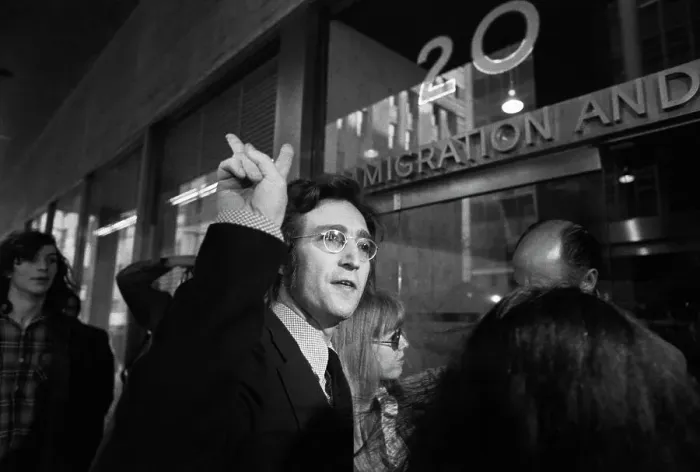 Framed Print : John Lennon at NY Immigration Office Framed Print : John Lennon at NY Immigration Office