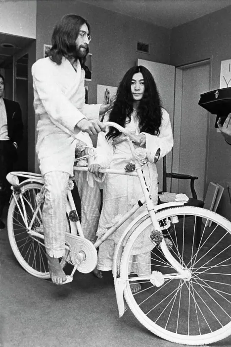 Framed Print : John Lennon, Yoko Ono, & A Bicycle Framed Print : John Lennon, Yoko Ono, & A Bicycle