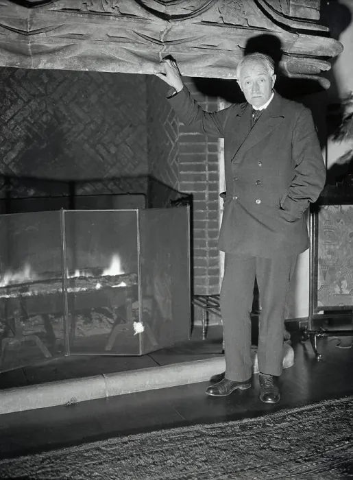 Framed Print : John Masefield Posing by Fireplace Framed Print : John Masefield Posing by Fireplace