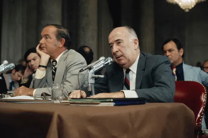 Framed Print : John Mitchell Testifies at Senate Watergate Committee