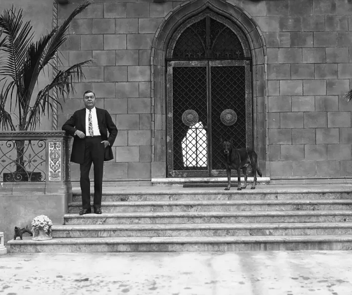 Framed Print : John Ringling on Steps with Dog at Home Framed Print : John Ringling on Steps with Dog at Home