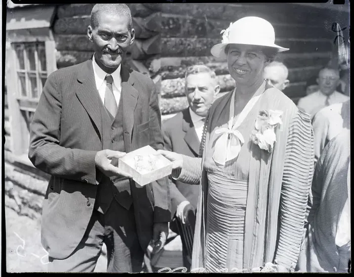 Framed Print : John Smith Gives Cup to Eleanor Roosevelt
