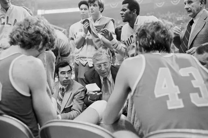 Framed Print : John Wooden Talking to His Team
