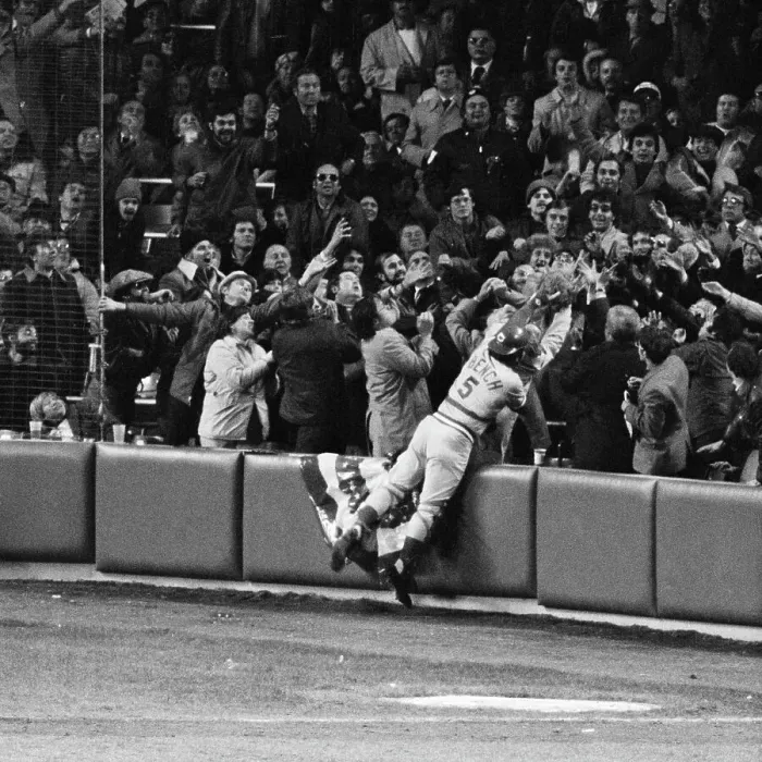 Framed Print : Johnny Bench Diving In Stands For Ball Framed Print : Johnny Bench Diving In Stands For Ball