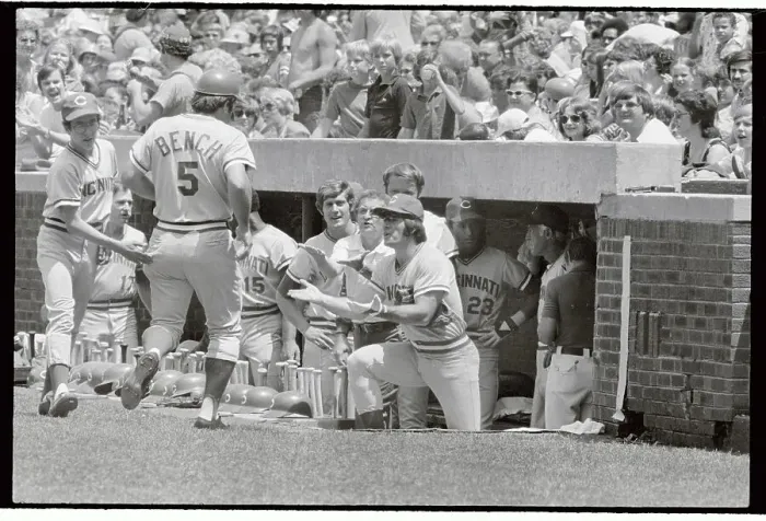 Framed Print : Johnny Bench Receiving Praise For Homerun Framed Print : Johnny Bench Receiving Praise For Homerun