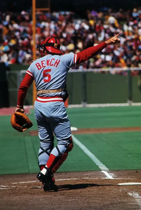 Framed Print : Johnny Bench Signaling with His Right Arm During Baseball Game Framed Print : Johnny Bench Signaling with His Right Arm During Baseball Game