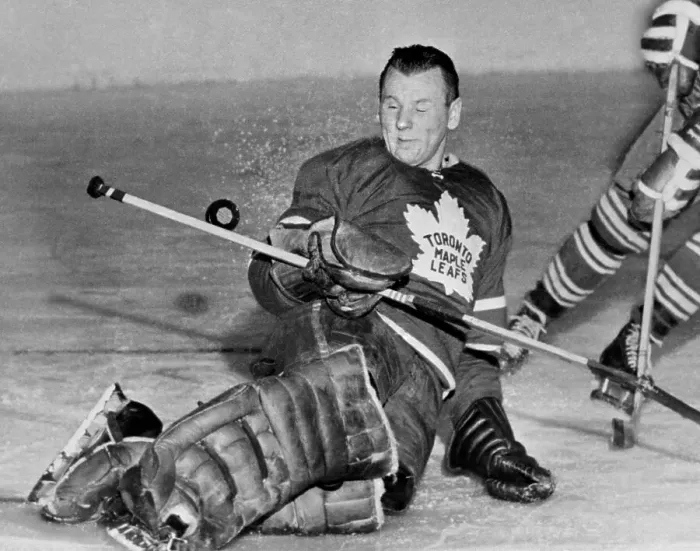 Framed Print : Johnny Bower Grimacing on Odd Puck Action Framed Print : Johnny Bower Grimacing on Odd Puck Action