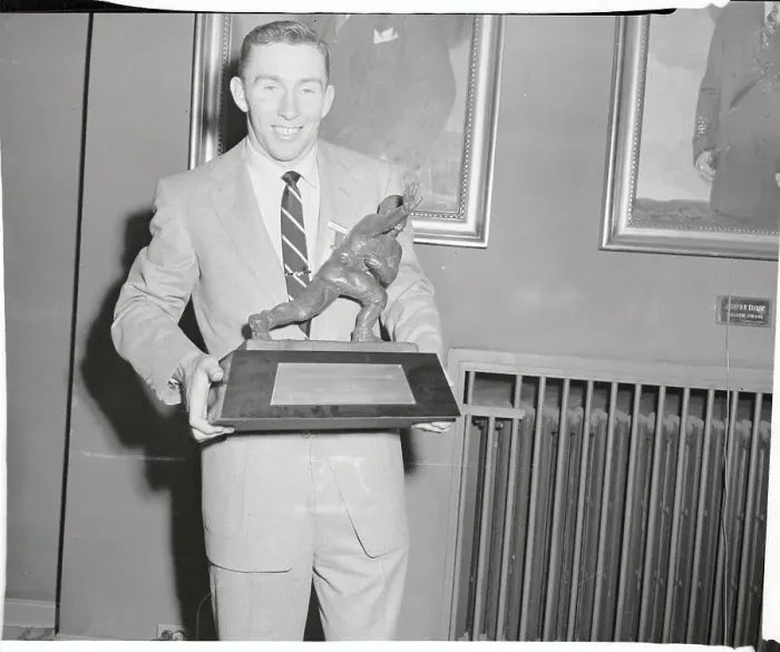 Framed Print : Johnny Lattner Holding Heisman Trophy Framed Print : Johnny Lattner Holding Heisman Trophy