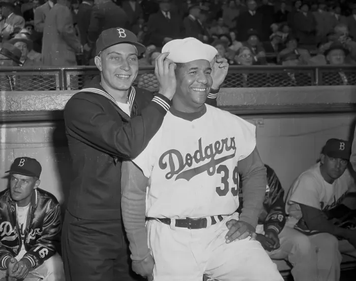 Framed Print : Johnny Podres Placing a Hat on Roy Campanella Framed Print : Johnny Podres Placing a Hat on Roy Campanella