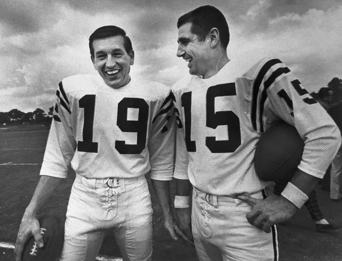 Framed Print : Johnny Unitas and Earl Morrall at Football Practice Framed Print : Johnny Unitas and Earl Morrall at Football Practice