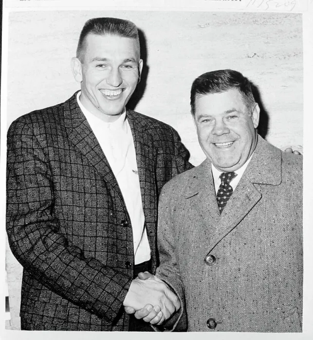Framed Print : Johnny Unitas and Weeb Ewbank Shaking Hands