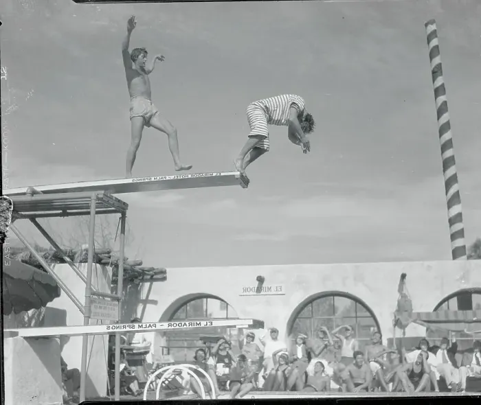 Framed Print : Johnny Weismuller Reinforcing Stubby Kreuger's Dive into Pool