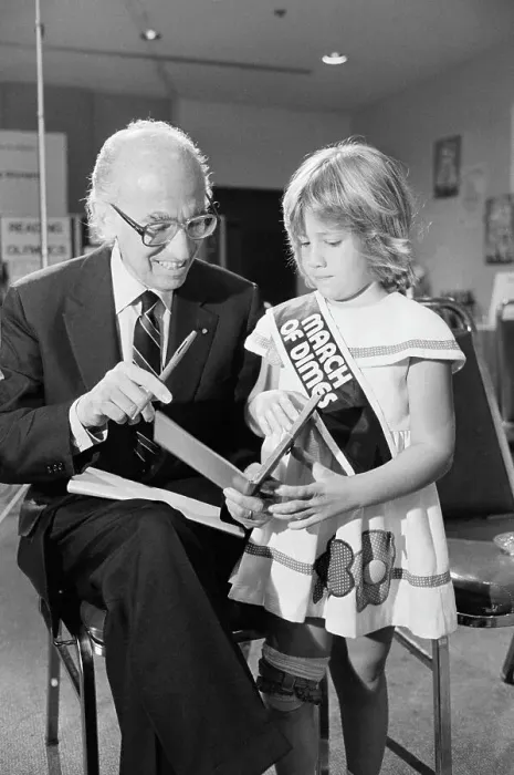 Framed Print : Jonas Salk Signs Autograph for Poster Child Framed Print : Jonas Salk Signs Autograph for Poster Child