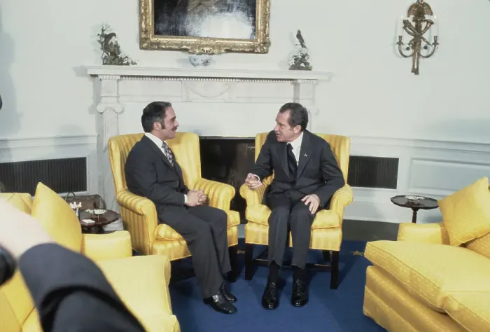 Framed Print : Jordan's King Hussein talks with President Richard Nixon Framed Print : Jordan's King Hussein talks with President Richard Nixon