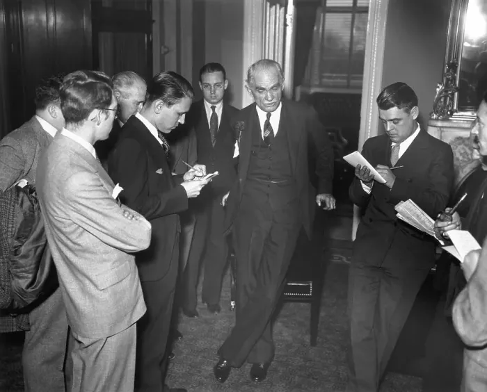 Framed Print : Joseph Byrns Speaking to Reporters Framed Print : Joseph Byrns Speaking to Reporters