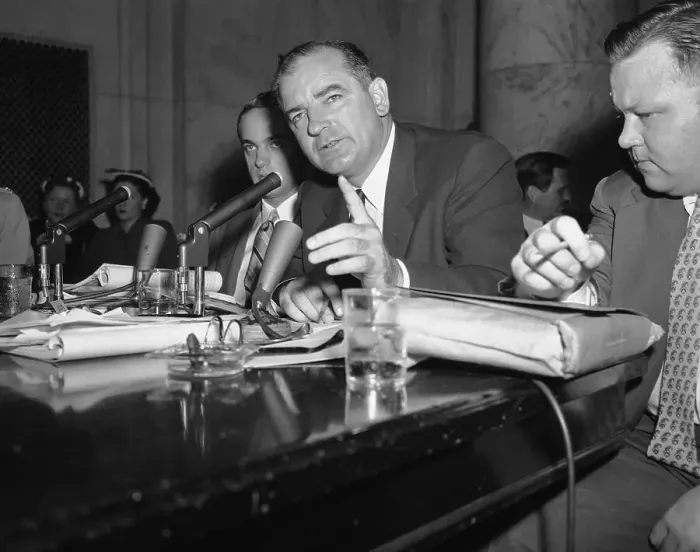 Framed Print : Joseph McCarthy Speaking at Microphones