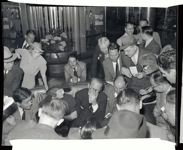 Framed Print : Joseph P. Kennedy Sitting Surrounded by Reporters Framed Print : Joseph P. Kennedy Sitting Surrounded by Reporters