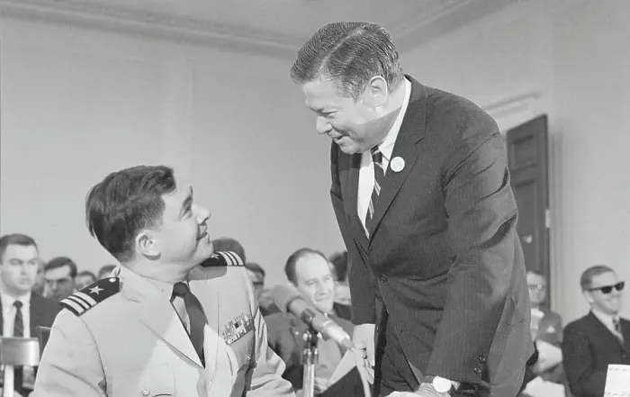 Framed Print : Joseph Resnick Conversing with Navy officer Marcus Arnheiter at Hearing Framed Print : Joseph Resnick Conversing with Navy officer Marcus Arnheiter at Hearing