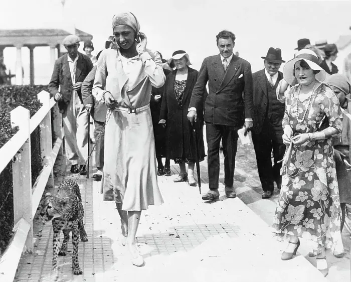 Framed Print : Josephine Baker Walking with Baby Leopard Framed Print : Josephine Baker Walking with Baby Leopard