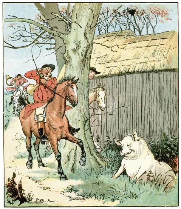 Framed Print : The Three Jovial Huntsmen; a fat pig smiling in a ditch