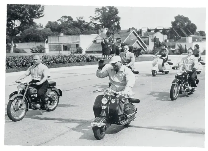 Framed Print : Juan Peron Leading a Motor Scooter Parade Framed Print : Juan Peron Leading a Motor Scooter Parade