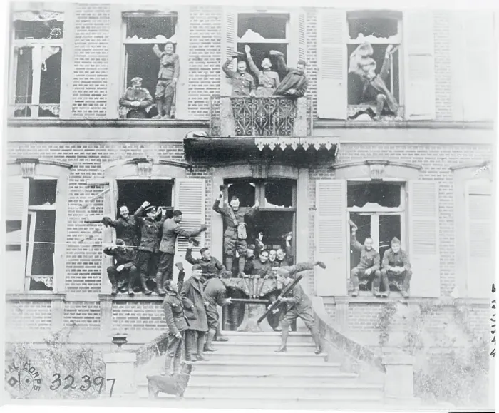 Framed Print : Jubilant Soldiers in Windows and on Balcony of Building Framed Print : Jubilant Soldiers in Windows and on Balcony of Building