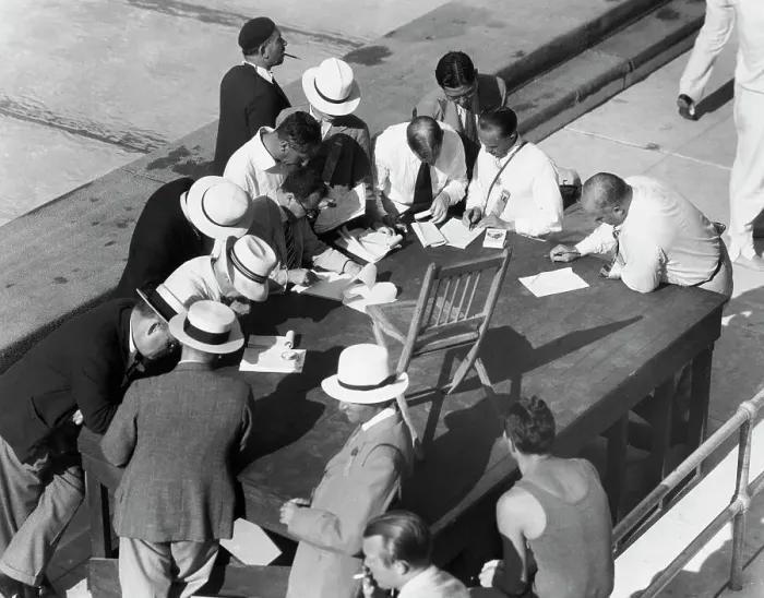 Framed Print : Judges And Officials Swimming Event - 1932 Olympics Framed Print : Judges And Officials Swimming Event - 1932 Olympics