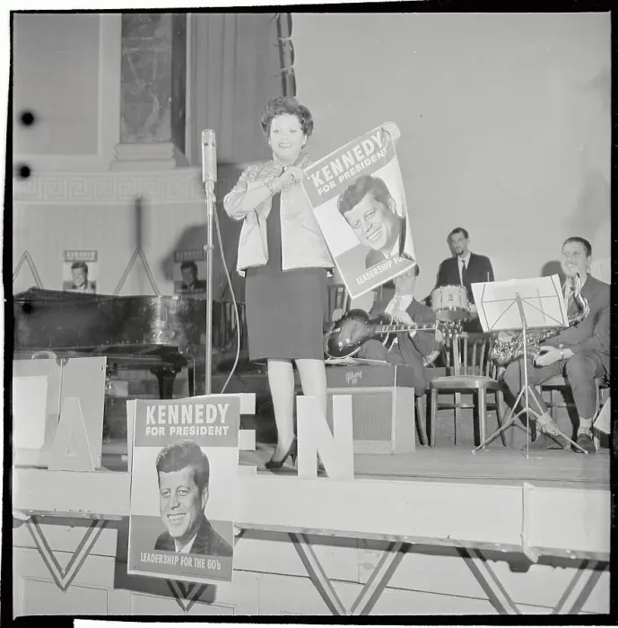 Framed Print : Judy Garland Holding Up Kennedy Poster