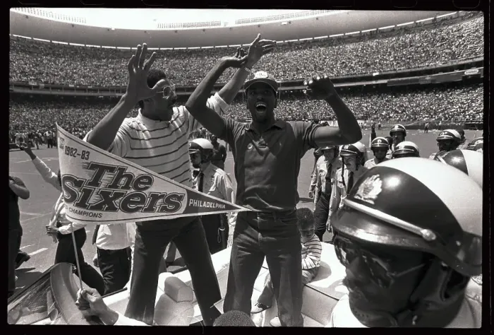 Framed Print : Julius Erving and Andrew Toney Cheering Fans Framed Print : Julius Erving and Andrew Toney Cheering Fans