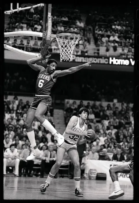 Framed Print : Julius Erving Leaping in Air to Block Opponent's Shot Framed Print : Julius Erving Leaping in Air to Block Opponent's Shot
