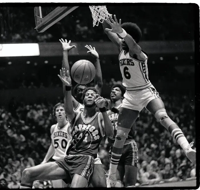 Framed Print : Julius Erving Leaping to Make Block Framed Print : Julius Erving Leaping to Make Block