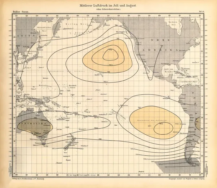Framed Print : July and August Air Pressure Chart, Pacific Ocean, German Antique Victorian Engraving, 1896