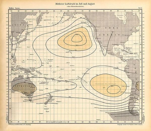 July and August Air Pressure Chart, Pacific Ocean, German Antique Victorian Engraving, 1896