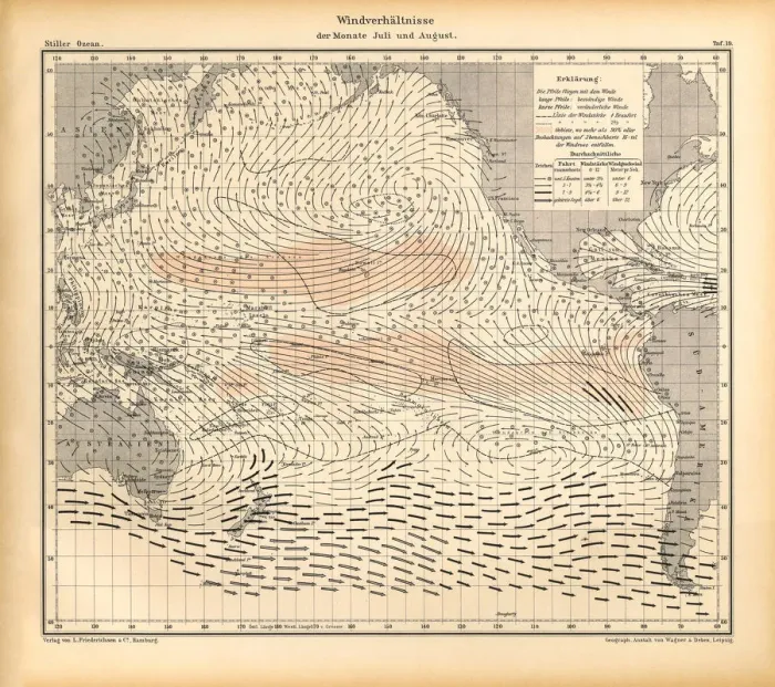 Framed Print : July and August Wind Patterns and Conditions Chart, Pacific Ocean, German Antique Victorian Engraving, 1896 Framed Print : July and August Wind Patterns and Conditions Chart, Pacific Ocean, German Antique Victorian Engraving, 1896