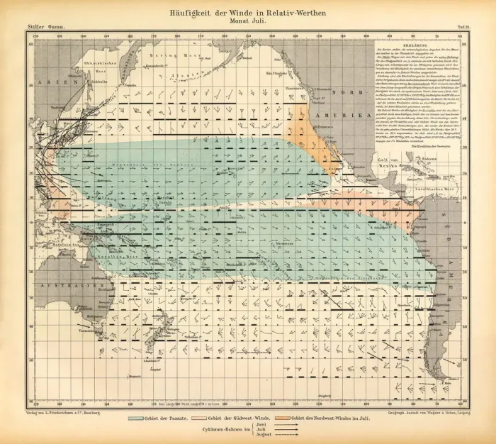 Framed Print : July Frequency of Winds in Relative Values Chart, Pacific Ocean, German Antique Victorian Engraving, 1896