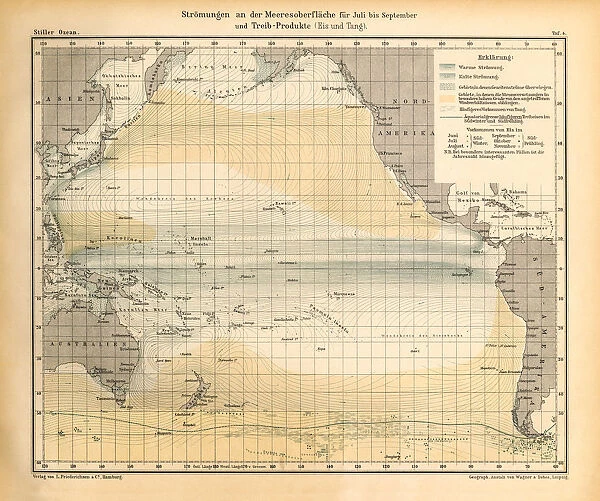 July to September Ocean Currents for and Drift Products, Pacific Ocean, German Antique Victorian Engraving, 1896