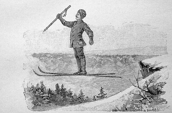 Jump with snowshoes, ski, Norway, 1885, digitally restored reproduction of an original 19th-century painting